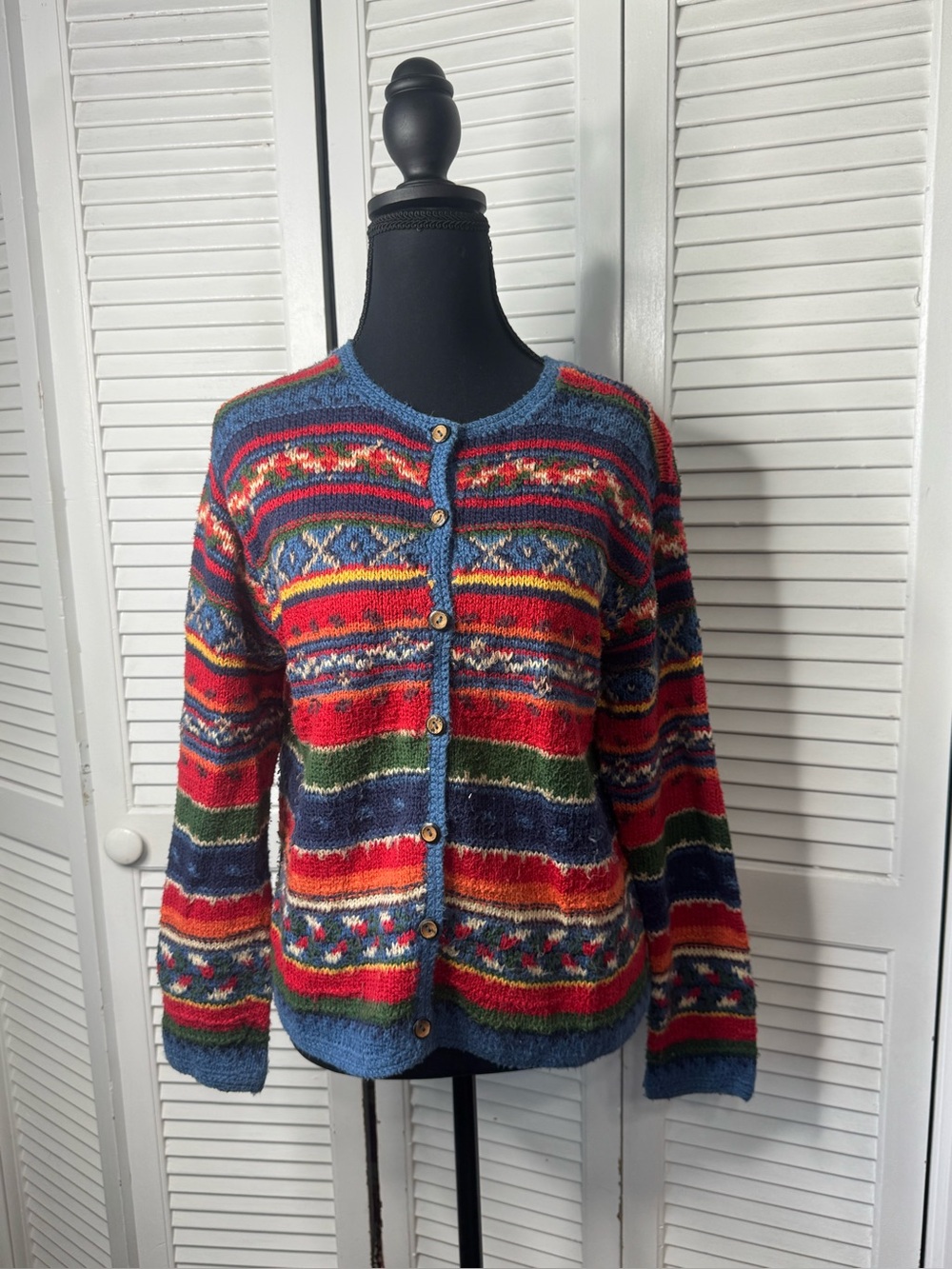Talbots Multicolor Fair Isle Southwestern Sweater Cardigan - Blue Trim Medium